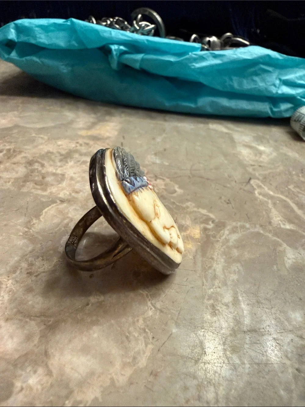 Vintage nut stone carved native American profile ring .925 size large 9
